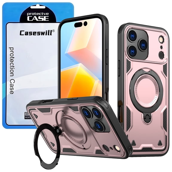 Caseswill for iPhone 17e / 16e Case with 2X Screen Protector, Built-in Magnetic Ring Stand, Compatible with MagSafe, Soft TPU and Hard PC Hybrid Dual Layer Shockproof Rugged Phone Cover