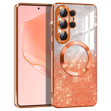 Casetego For Samsung Galaxy S26 Ultra Case,Clear Magnetic Glitter Gradient Sparkle Luxury Plated Soft TPU Bumper Full Camera Lens Protector,Orange