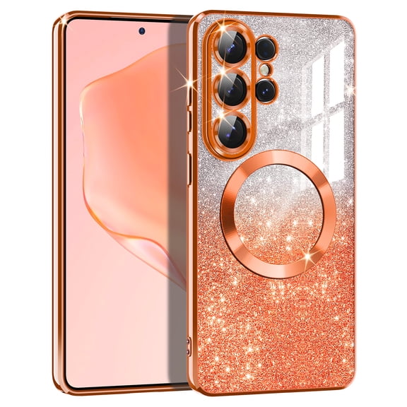 Casetego For Samsung Galaxy S26 Ultra Case,Clear Magnetic Glitter Gradient Sparkle Luxury Plated Soft TPU Bumper Full Camera Lens Protector,Orange