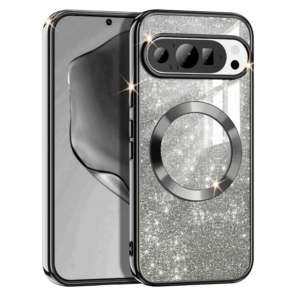 Casetego For Google Pixel 10 Case/Pixel 10 Pro Case,Compatible with MagSafe,Clear Magnetic Glitter Gradient Sparkle Luxury Plated Soft TPU Bumper Full Camera Lens Protector,Black