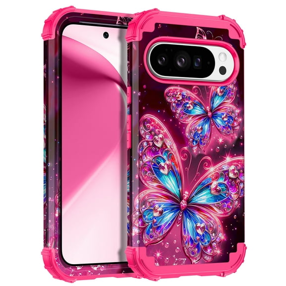 Casetego for Google Pixel 10 Case/Pixel 10 Pro Case,Glow in The Dark Three Layer Heavy Duty Shockproof Protection Hard Plastic Bumper+Soft Silicone Protective Case,Rose Red Butterfly
