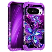 Casetego for Google Pixel 10 Pro XL Case,Glow in The Dark Three Layer Heavy Duty Shockproof Protection Hard Plastic Bumper+Soft Silicone Protective Case,Dark Purple Butterfly