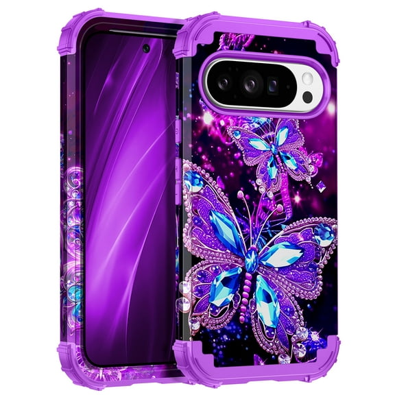 Casetego for Google Pixel 10 Pro XL Case,Glow in The Dark Three Layer Heavy Duty Shockproof Protection Hard Plastic Bumper Soft Silicone Protective Case,Dark Purple Butterfly