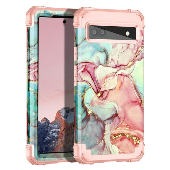 Casetego for Google Pixel 6A Case (2022),Marble Heavy Duty Shockproof Protection Hard Plastic+Silicone Rubber Hybrid 3 in 1 Drop Protective Cover,Blue/Rose Gold