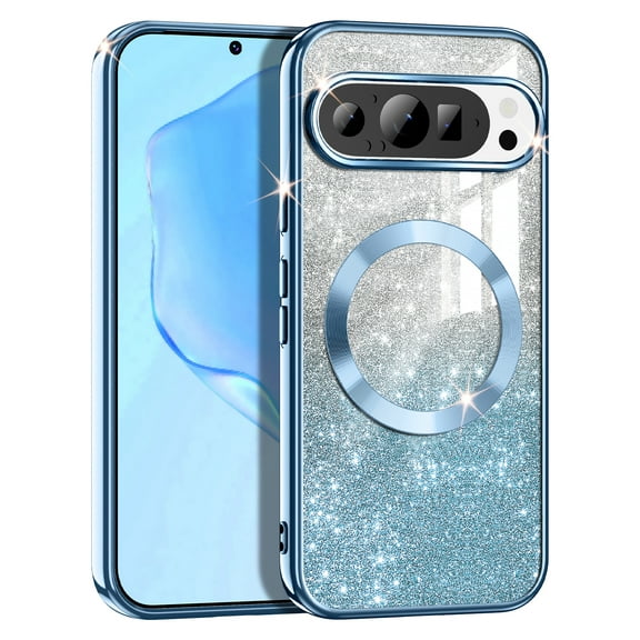 Casetego for Google Pixel 9/Google Pixel 9 Pro Case,Compatible with MagSafe,Clear Magnetic Glitter Gradient Sparkle Luxury Plated Soft TPU Bumper Full Camera Lens Protector,Blue