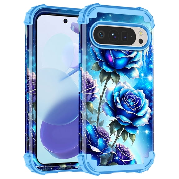 Casetego for Google Pixel 9 Pro XL Case,Glow in The Dark Three Layer Heavy Duty Shockproof Protection Hard Plastic Bumper+Soft Silicone Case,Blue Rose