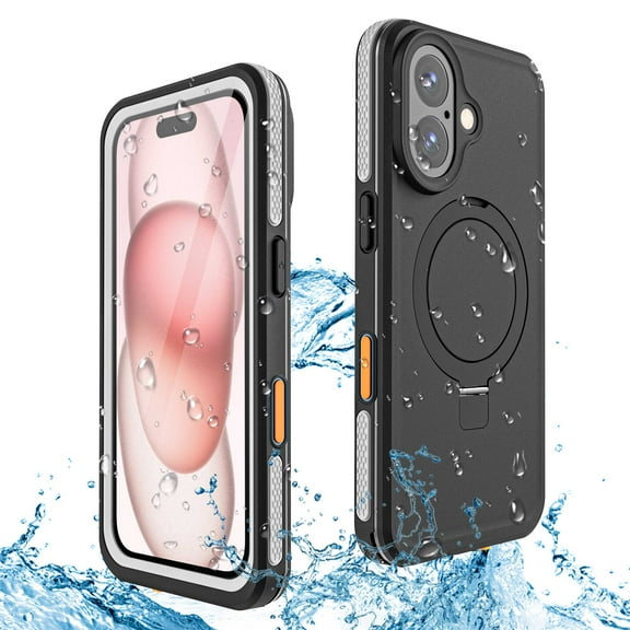 Casetego Magnetic for iPhone 16 Waterproof Case,Built-in Ring Invisible Stand & Screen Protector IP68 Underwater,Dropproof,Dustproof,Real 360 Heavy Duty Shockproof Protective Case,Black