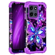Casetego for Moto G Power 5G 2025 Case,Glow in The Dark Three Layer Heavy Duty Shockproof Protection Hard Plastic Bumper+Soft Silicone Protective Case,Dark Purple Butterfly
