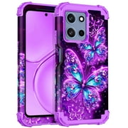 Casetego for Moto G Power 5G 2025 Case,Glow in The Dark Three Layer Heavy Duty Shockproof Protection Hard Plastic Bumper+Soft Silicone Protective Case,Purple Butterfly
