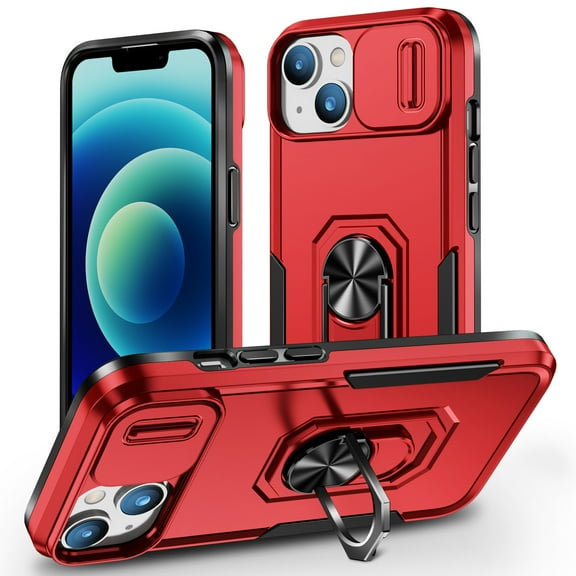 Casetego Phone Case for iPhone 15 Plus with Support Car Holder Sliding Window Shockproof Protective Phone Cover,Red