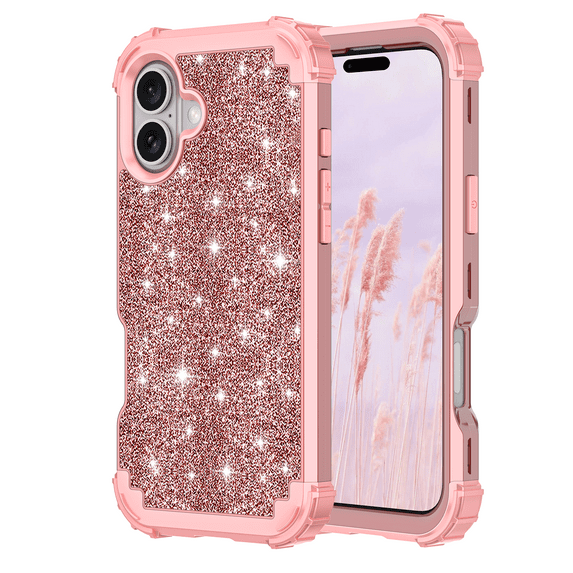 Casetego Phone Case for iPhone 16 Plus Case,Glitter Bling Heavy Duty Hybrid Sturdy High Impact Shockproof Protective Cover,Shiny Rose Gold
