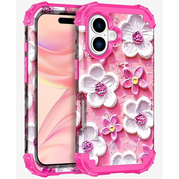 Casetego Phone Case for iPhone 16,Colorful Retro Oil Painting Print Flower Design Cute Floral Blossom Phone Cover Stylish Protective Phone Case for Girls Women,Pink