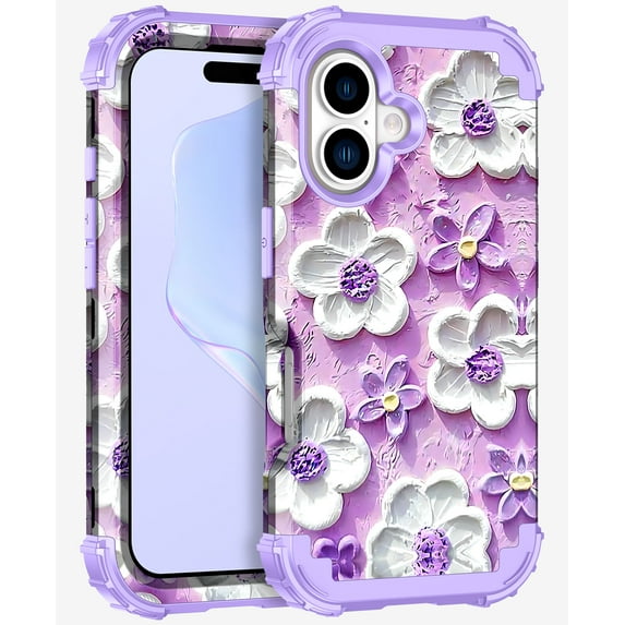 Casetego Phone Case for iPhone 16,Colorful Retro Oil Painting Print Flower Design Cute Floral Blossom Phone Cover Stylish Protective Phone Case for Girls Women,Purple