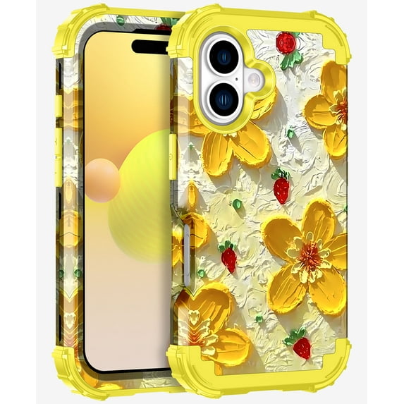 Casetego Phone Case for iPhone 16,Colorful Retro Oil Painting Print Flower Design Cute Floral Blossom Phone Cover Stylish Protective Phone Case for Girls Women,Yellow