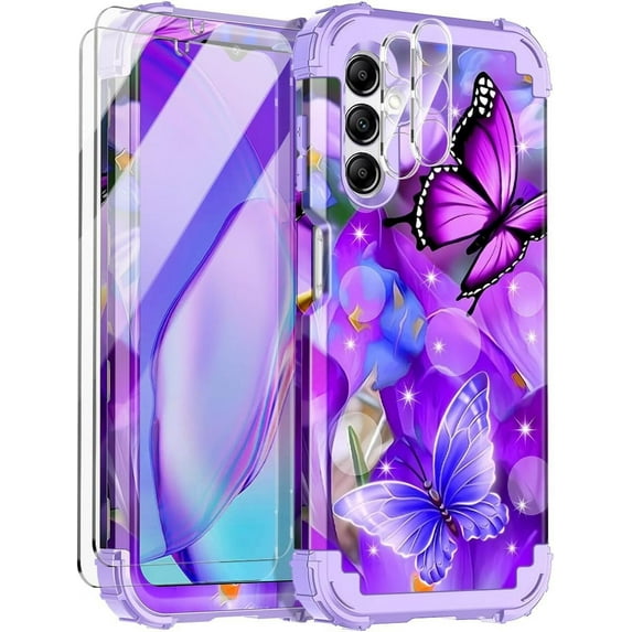 Casetego for Samsung Galaxy A15 5G Case,Three Layer Heavy Duty Shockproof Protective Case with 2 Tempered Glass Screen Protector+2 Camera Lens Protector,Butterfly