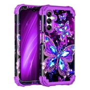 Casetego for Samsung Galaxy A16 5G Case,Glow in The Dark Three Layer Heavy Duty Shockproof Protection Hard Plastic Bumper+Soft Silicone Protective Case,Dark Purple Butterfly