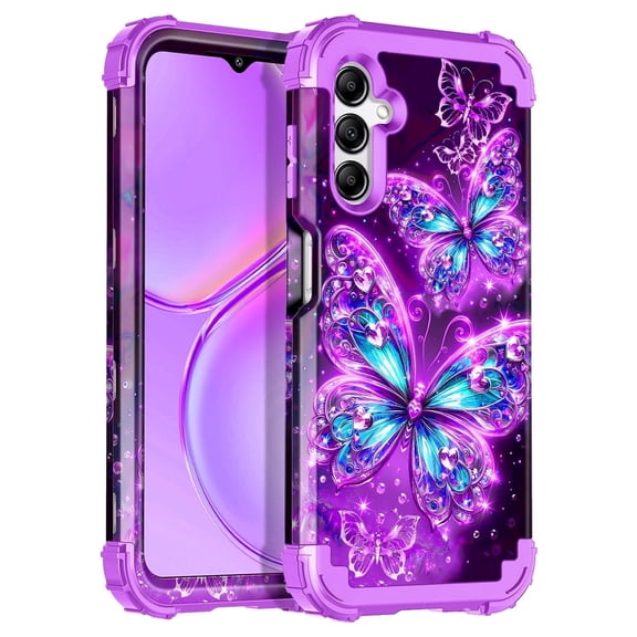 Casetego for Samsung Galaxy A16 5G Case,Glow in The Dark Three Layer Heavy Duty Shockproof Protection Hard Plastic Bumper Soft Silicone Protective Case,Purple Butterfly