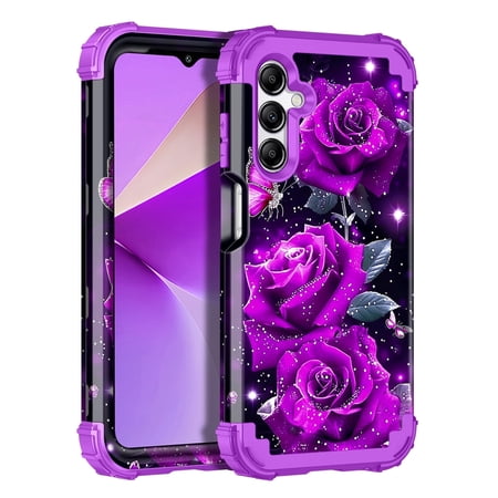 Casetego for Samsung Galaxy A16 5G Case,Glow in The Dark Three Layer Heavy Duty Shockproof Protection Hard Plastic Bumper+Soft Silicone Protective Case,Purple Rose