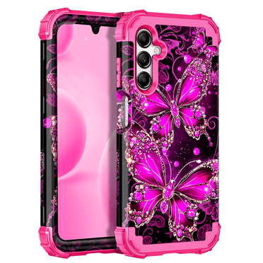 Casetego For Samsung Galaxy A16 5G Case,Glow in The Dark Three Layer Heavy Duty Shockproof Protection Hard Plastic Bumper Soft Silicone Protective Case,Rose Purple Butterfly