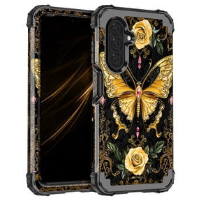 Casetego for Samsung Galaxy A17 5G Case,Glow in The Dark Three Layer Heavy Duty Shockproof Protection Hard Plastic Bumper+Soft Silicone Protective Case,Black Gold Butterfly