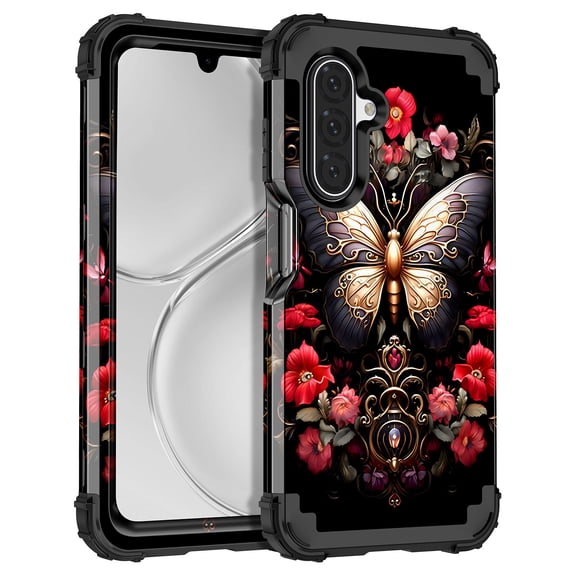 Casetego for Samsung Galaxy A17 5G Case,Glow in The Dark Three Layer Heavy Duty Shockproof Protection Hard Plastic Bumper+Soft Silicone Protective Case,Black Red Butterfly