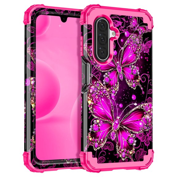 Casetego for Samsung Galaxy A17 5G Case,Glow in The Dark Three Layer Heavy Duty Shockproof Protection Hard Plastic Bumper+Soft Silicone Protective Case,Rose Purple Butterfly