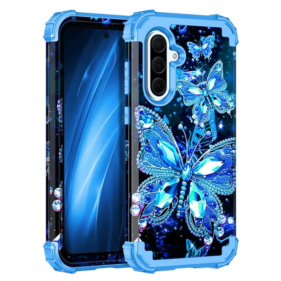 Casetego for Samsung Galaxy A36 5G/A56 5G Case,Glow in The Dark Three Layer Heavy Duty Shockproof Hard Plastic Bumper+Soft Silicone Protective Case,Blue Crystal Butterfly