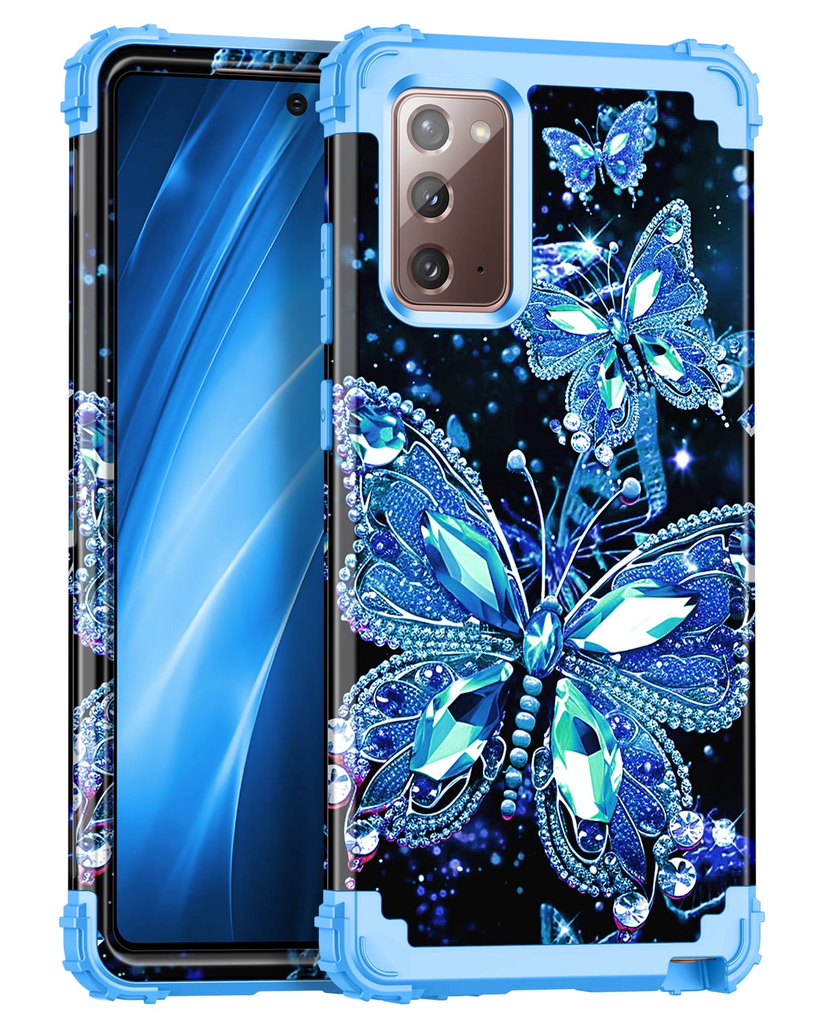 Casetego for Samsung Galaxy Note 20 Case,Glow in The Dark Three Layer Heavy Duty Shockproof Protection Hard Plastic Bumper+Soft Silicone Protective Case,Black Blue Butterfly