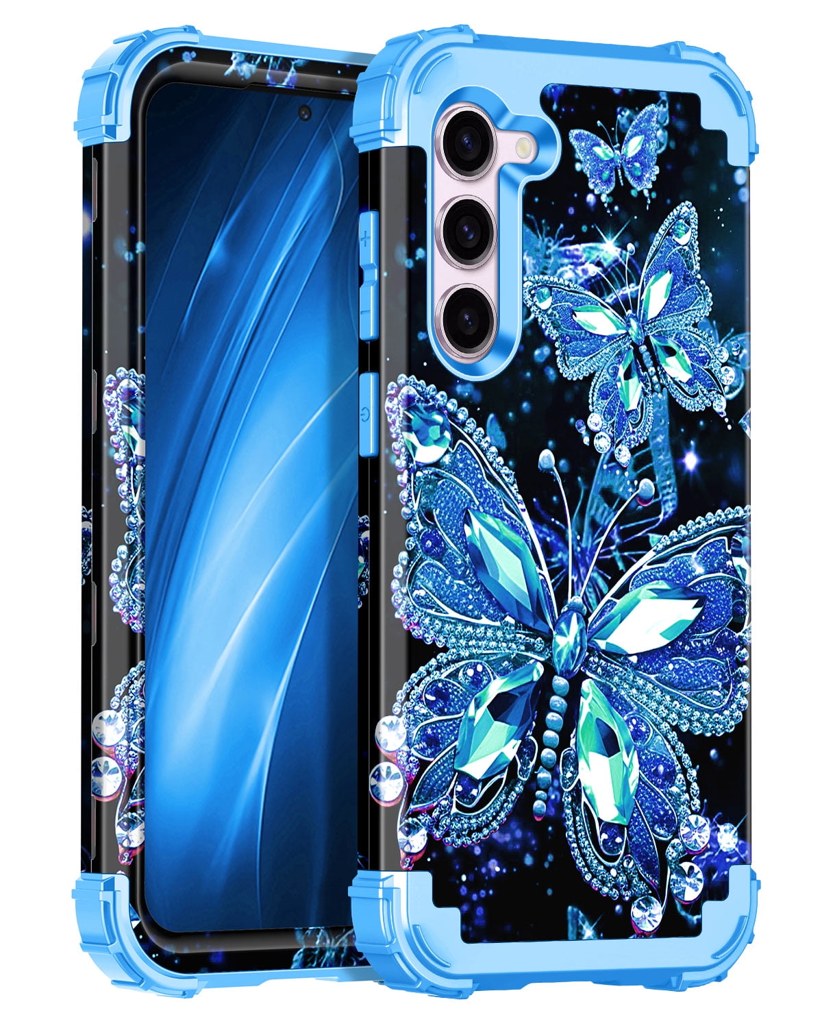 Casetego for Samsung Galaxy S23 5G Case,Glow in The Dark Three Layer Heavy Duty Shockproof Full Body Protection Hard Plastic Bumper+Soft Silicone Protective 6.1 inch Case,Blue Crystal