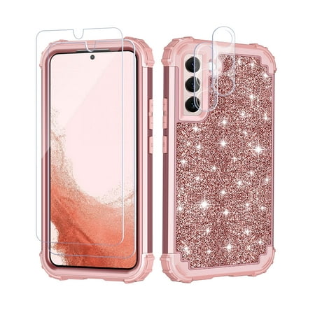 Casetego for Samsung Galaxy S23 Case with 2 Tempered Glass Screen Protector + 2 Camera Lens Protector,Shockproof Heavy Duty Full Body Sturdy Protective Cover,Rose Gold