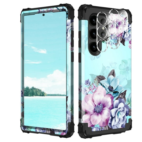 Casetego for Samsung Galaxy S23 Ultra Case,with 2 Pack Camera Lens Protector,Floral Three Layer Heavy Duty Sturdy Shockproof Full Body Protective Phone Cover,Blue Flower