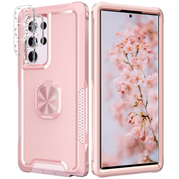Casetego for Samsung Galaxy S23 Ultra Case,with 2 Pack HD Len Protector Heavy Duty Full Body Shockproof Kickstand With 360° Ring Holder Support Car Mount Phone Cover,Rose Gold
