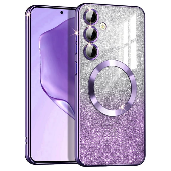 Casetego for Samsung Galaxy S24 FE Case,Compatible with MagSafe,Clear Magnetic Glitter Gradient Sparkle Luxury Plated Soft TPU Bumper Full Camera Lens Protector,Purple