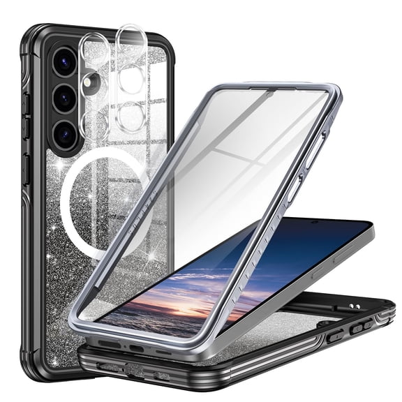 Casetego for Samsung Galaxy S24 Plus Case Glitter,Compatible with MagSafe[Built-in Screen Protector+Camera Lens Protector] Full Body Shockproof Protective Bling Phone Case,Black
