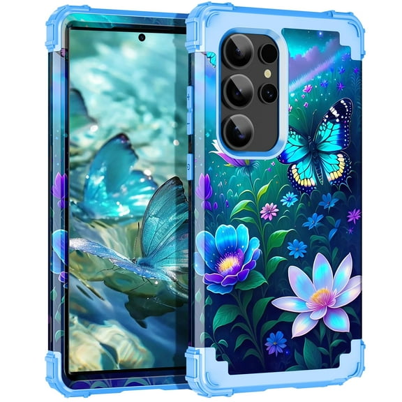 Casetego for Samsung Galaxy S24 Ultra 5G Case Shockproof Three-Layer Heavy Duty Hybrid Sturdy High Impact Protective Cover Girls Women Case,Blue Butterfly