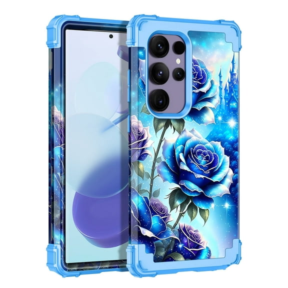 Casetego for Samsung Galaxy S25 Ultra 5G Case,Glow in The Dark Three Layer Heavy Duty Sturdy Shockproof Protection Rugged Hard PC+Soft TPU Bumper Case for Galaxy S25 Ultra,Blue Rose