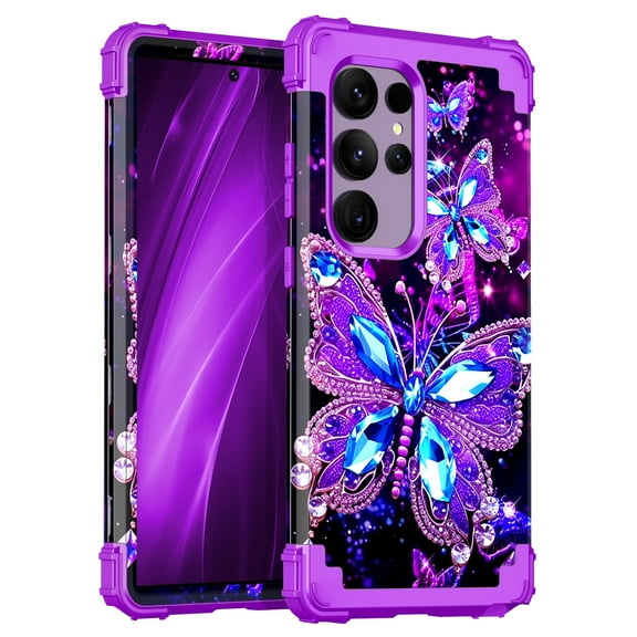 Casetego for Samsung Galaxy S25 Ultra 5G Case,Glow in The Dark Three Layer Heavy Duty Sturdy Shockproof Protection Rugged Hard PC+Soft TPU Bumper Case for Galaxy S25 Ultra,Purple Butterfly