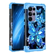 Casetego for Samsung Galaxy S25 Ultra 5G Case,Glow in The Dark Three Layer Heavy Duty Sturdy Shockproof Protection Rugged Hard PC+Soft TPU Bumper Case for Galaxy S25 Ultra,Blue Butterfly