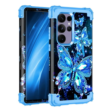 Casetego for Samsung Galaxy S25 Ultra 5G Case,Glow in The Dark Three Layer Heavy Duty Sturdy Shockproof Protection Rugged Hard PC+Soft TPU Bumper Case for Galaxy S25 Ultra,Blue Butterfly