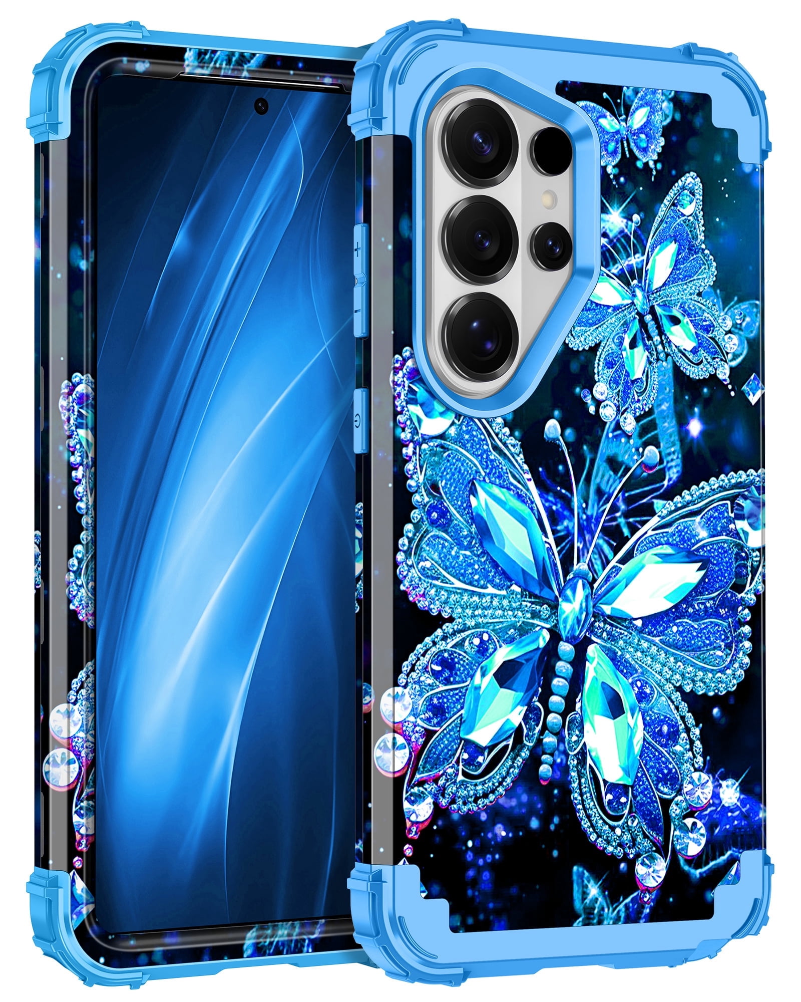 Casetego for Samsung Galaxy S26 Ultra 5G Case,Glow in The Dark Three Layer Heavy Duty Sturdy Shockproof Protection Rugged Hard PC+Soft TPU Bumper Case for Galaxy S26 Ultra,Blue Butterfly
