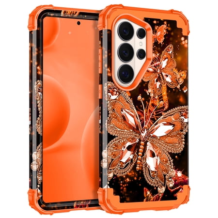 Casetego for Samsung Galaxy S26 Ultra 5G Case,Glow in The Dark Three Layer Heavy Duty Sturdy Shockproof Protection Rugged Hard PC+Soft TPU Bumper Case for Galaxy S26 Ultra,Orange Black Butterfly