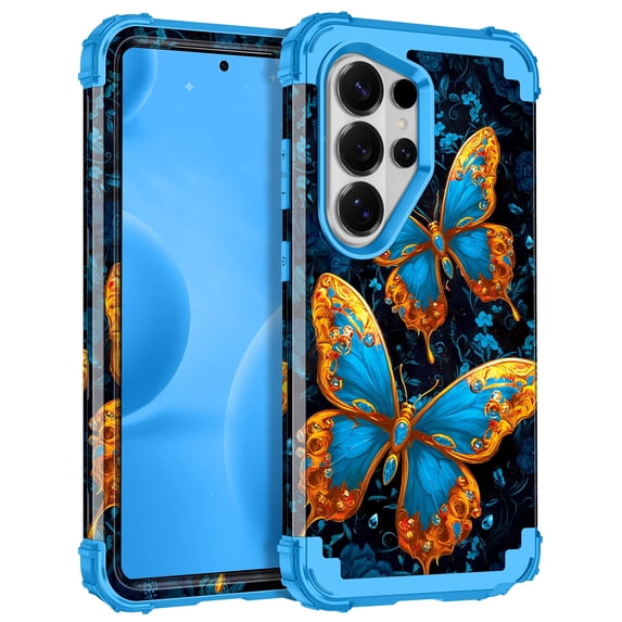 Casetego for Samsung Galaxy S26 Ultra 5G Case,Glow in The Dark Three Layer Heavy Duty Sturdy Shockproof Protection Rugged Hard PC+Soft TPU Bumper Case for Galaxy S26 Ultra,Blue Gold Butterfly