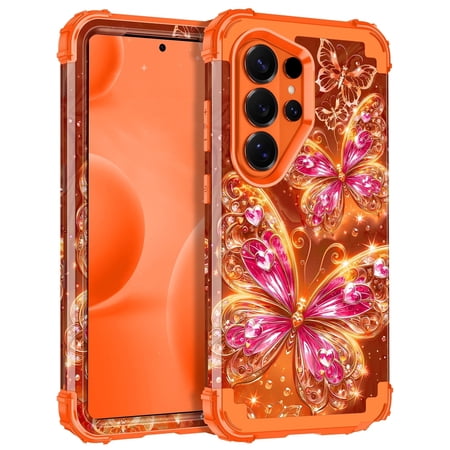 Casetego for Samsung Galaxy S26 Ultra 5G Case,Glow in The Dark Three Layer Heavy Duty Sturdy Shockproof Protection Rugged Hard PC+Soft TPU Bumper Case for Galaxy S26 Ultra,Orange Butterfly
