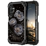 Casetego for Samsung Galaxy A15 5G Case,Heavy Duty Shockproof Protection Hard Plastic+Silicone Rubber Hybrid 3 in 1 Drop Protective Case,Black Flower