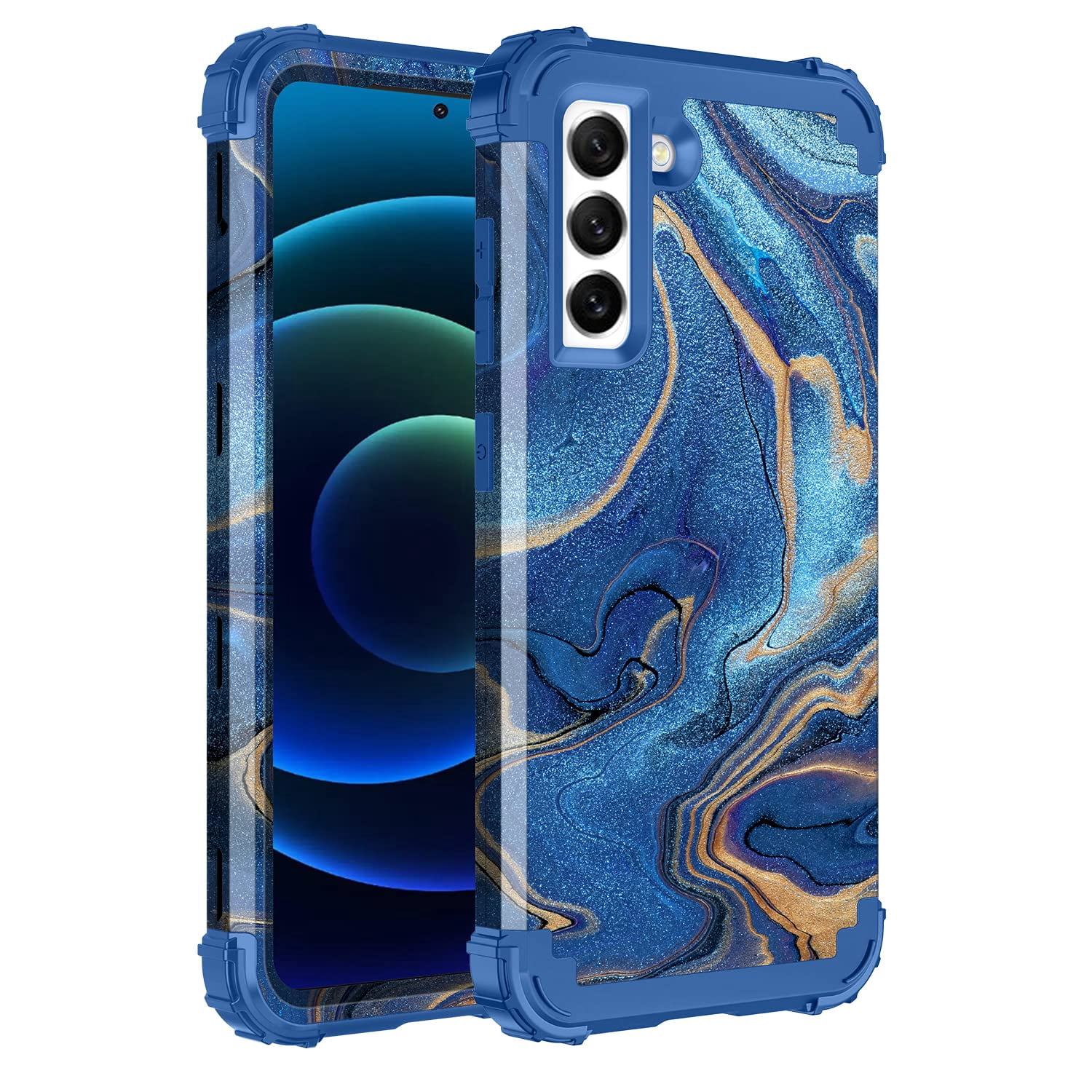 Casetego for Samsung Galaxy S21 FE 5G Case,Glitter Shiny 3 in 1 Heavy Duty Shockproof Cover Case,Marble Dark Blue
