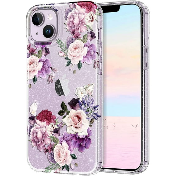 Casetego for iPhone 14 Plus Case Clear Floral Bling Sparkly Glitter Shiny Soft Flexible TPU Slim Protection Shockproof for Women Girls,Purple Flower