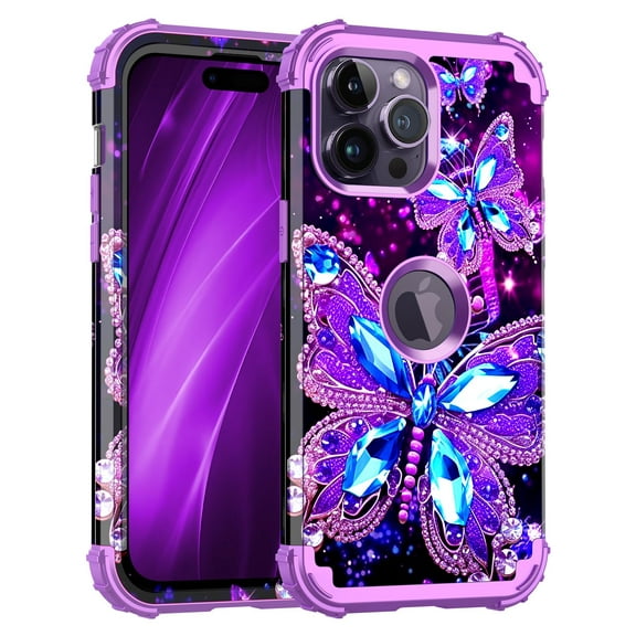 Casetego for iPhone 14 Pro Case,Glow in The Dark Three Layer Heavy Duty Shockproof Hard Plastic Bumper+Soft Silicone Protective Case,Dark Butterfly