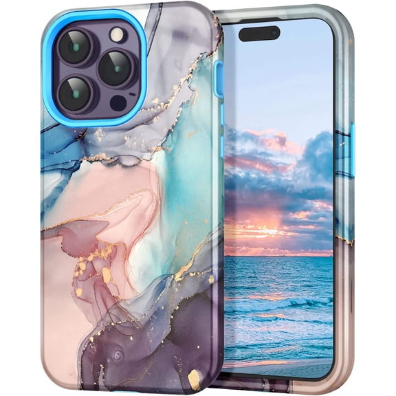 Casetego for iPhone 14 Pro Case,Marble Stylish 3 in 1 Heavy Duty Shockproof Full Body Rugged Hard Drop Protection Covers for Women Girls,Blue Gray