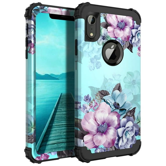 Casetego for iPhone XR Case,Floral Heavy Duty Hybrid Sturdy Shockproof Full Body Protective Cover for iPhone XR 6.1 inch,Blue Flower