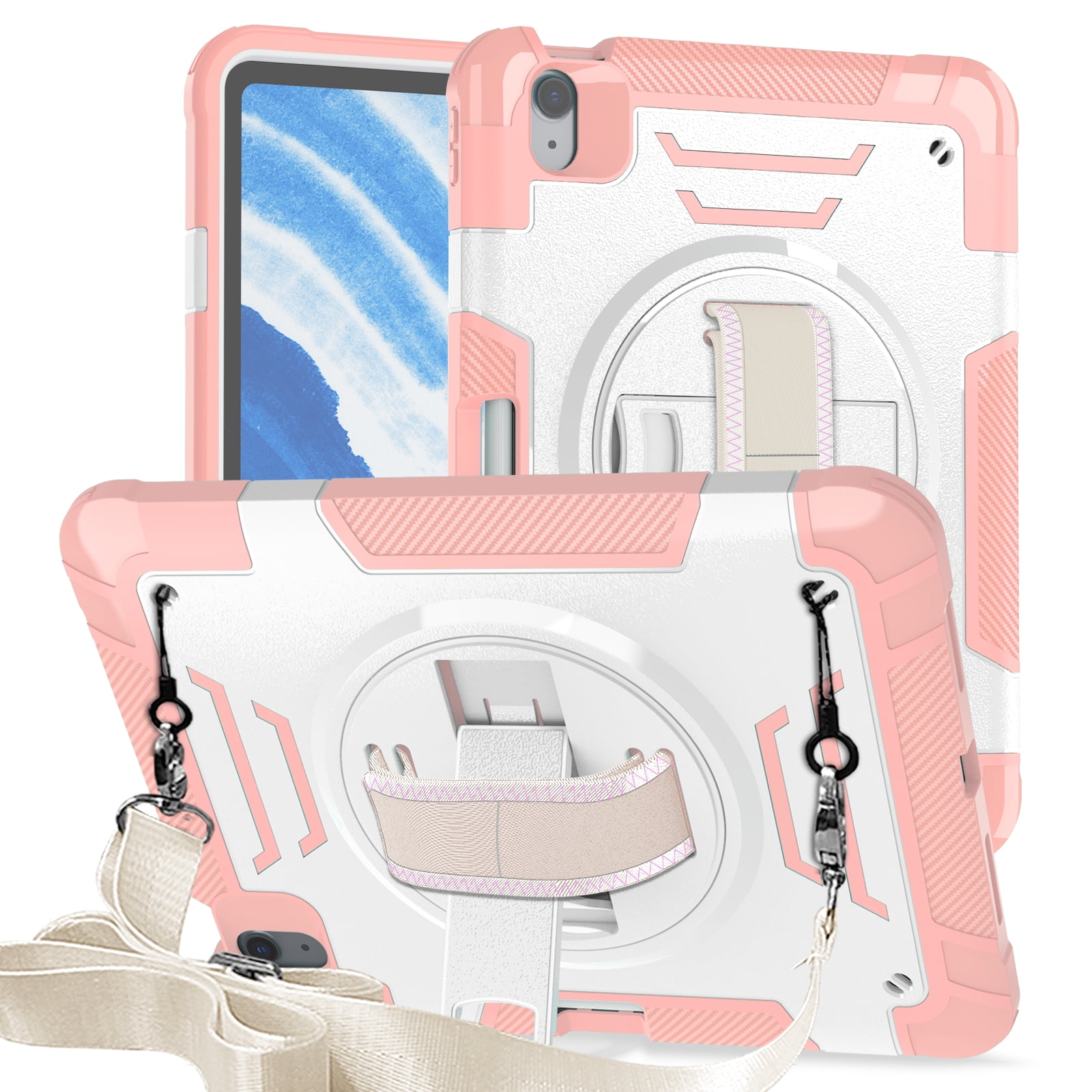 Casetego for iPad Air 6th/5th/4th Generation Case (10.9”, 2024/2022/2020),Shockproof Heavy Duty [360 Rotating Stand] [Hand Strap] [Pencil Holder] iPad Air 6/5/4 for Case Kids Girls Gifts,Pink